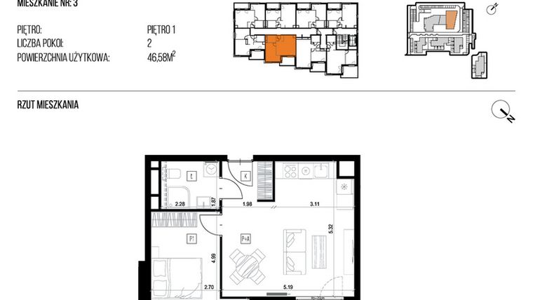 Rzut - Mieszkanie na sprzedaż 2 pokoje o powierzchni 46,58 m² - numer 22K/03 w NATURAMA II