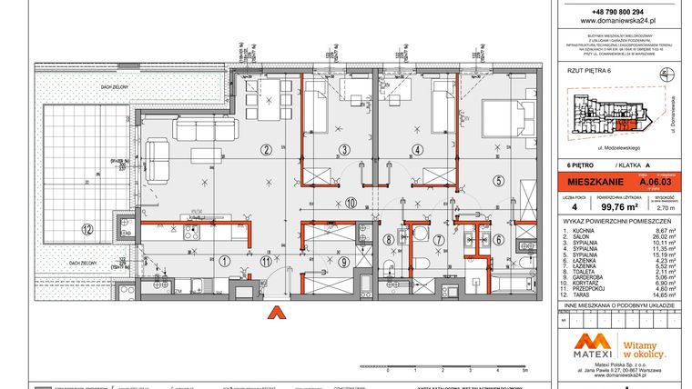 Rzut - Mieszkanie na sprzedaż 4 pokoje o powierzchni 100,09 m² - numer A.06.03 w Domaniewska 24