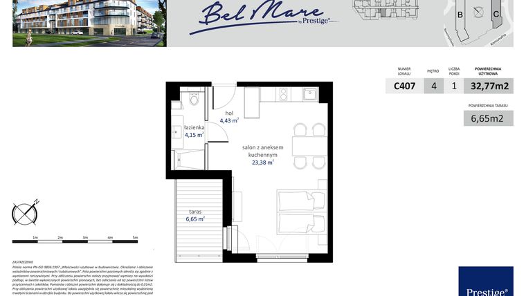 Rzut - Mieszkanie na sprzedaż 1 pokój o powierzchni 32,77 m² - numer C407 w Bel Mare (Międzyzdroje)