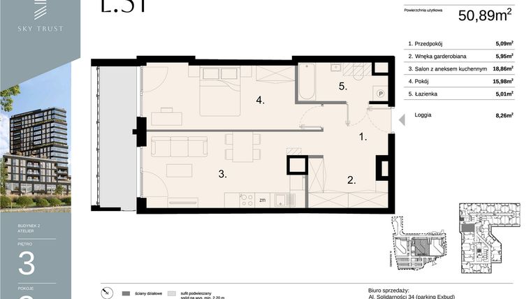 Rzut - Mieszkanie na sprzedaż 2 pokoje o powierzchni 50,89 m² - numer L51 w Sky Trust etap II - apartamenty inwestycyjne 23% VAT PRS