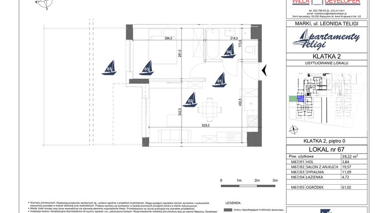 Rzut - Mieszkanie na sprzedaż 2 pokoje o powierzchni 39,22 m² - numer 67 w Apartamenty Teligi