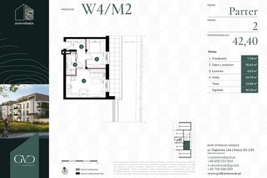 Rzut - Mieszkanie na sprzedaż 2 pokoje o powierzchni 42,4 m² - numer W4/02 w Baranówek