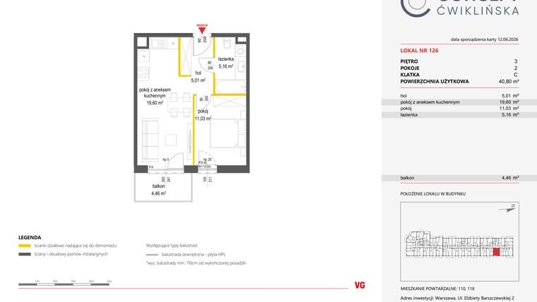 Rzut - Mieszkanie na sprzedaż 2 pokoje o powierzchni 40,8 m² - numer 126 w Concept Ćwiklińska