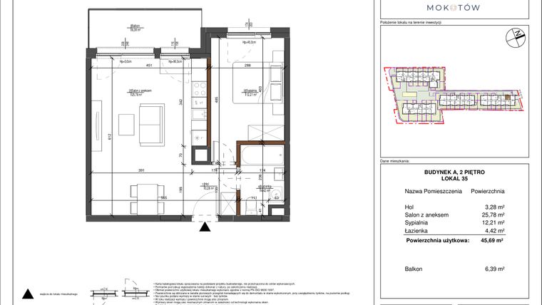 Rzut - Mieszkanie na sprzedaż 2 pokoje o powierzchni 45,69 m² - numer 35 w Aura Mokotów II