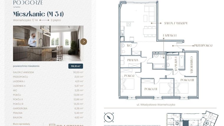 Rzut - Mieszkanie na sprzedaż 3 pokoje o powierzchni 116,1 m² - numer M.34 w Stare Podgórze