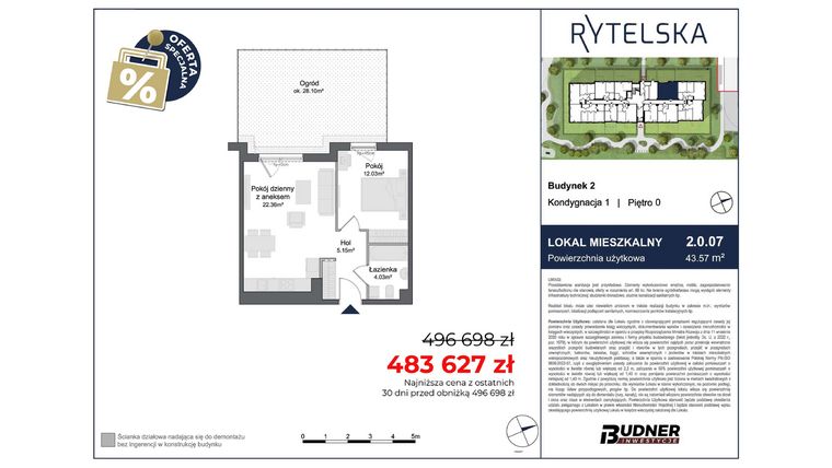 Rzut - Mieszkanie na sprzedaż 2 pokoje o powierzchni 43,57 m² - numer 2.0.07 w Rytelska