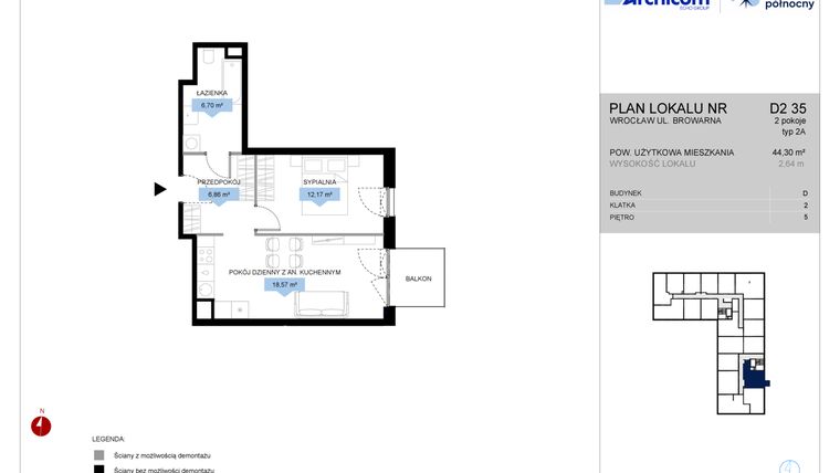 Rzut - Mieszkanie na sprzedaż 2 pokoje o powierzchni 44,3 m² - numer D2.35 w Bulwar Północny
