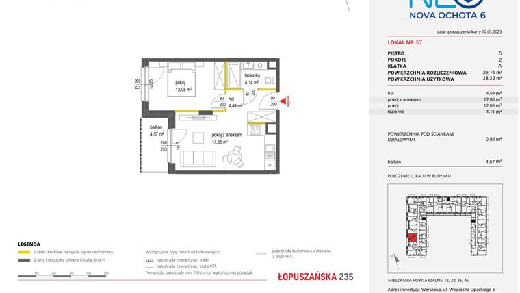 Rzut - Mieszkanie na sprzedaż 2 pokoje o powierzchni 39,14 m² - numer 57 w Neo Nova Ochota 6