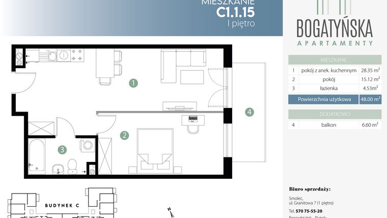 Rzut - Mieszkanie na sprzedaż 2 pokoje o powierzchni 48 m² - numer C1.1.15 w Bogatyńska Apartamenty etap 3