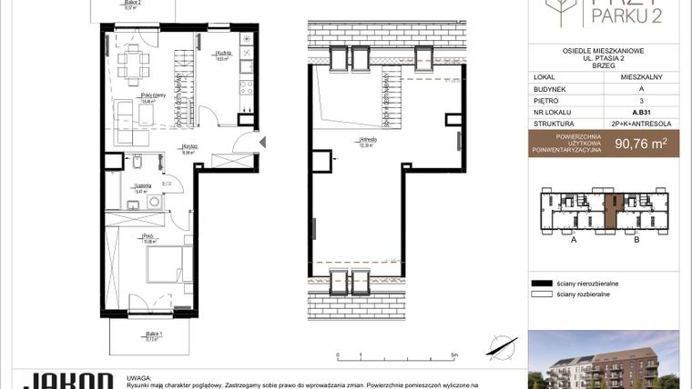 Rzut - Mieszkanie na sprzedaż 2 pokoje o powierzchni 90,76 m² - numer A.B31 w Przy Parku 2