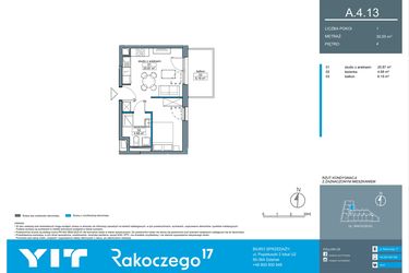 Rzut - Mieszkanie na sprzedaż 1 pokój o powierzchni 30,62 m² - numer A.4.13 w Rakoczego 17