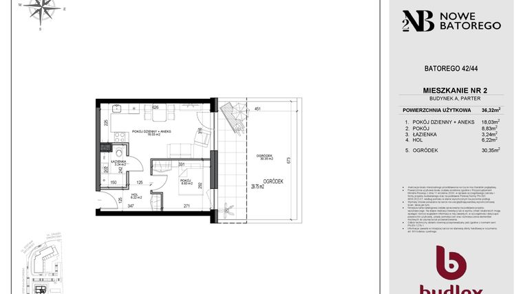 Rzut - Mieszkanie na sprzedaż 2 pokoje o powierzchni 36,33 m² - numer A2 w Nowe Batorego 2