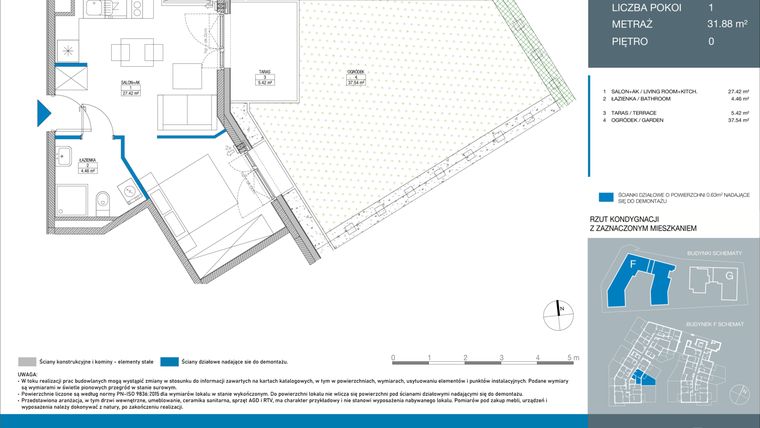Rzut - Mieszkanie na sprzedaż 2 pokoje o powierzchni 31,88 m² - numer FA0007 w Spokojny Mokotów etap II