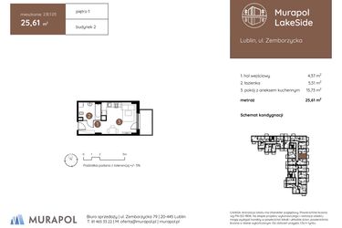 Rzut - Mieszkanie na sprzedaż 1 pokój o powierzchni 25,61 m² - numer 2.B.1.05 w Murapol LakeSide