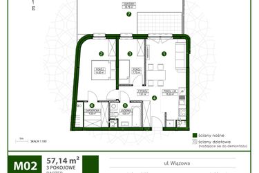 Rzut - Mieszkanie na sprzedaż 3 pokoje o powierzchni 57,14 m² - numer 2 w Moja Wiązowa