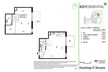 Rzut - Mieszkanie na sprzedaż 1 pokój o powierzchni 75,78 m² - numer 45 w Kowalskiego 37