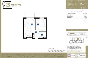 Rzut - Mieszkanie na sprzedaż 2 pokoje o powierzchni 43,45 m² - numer M.A17 w 3 Wymiary Bronowice