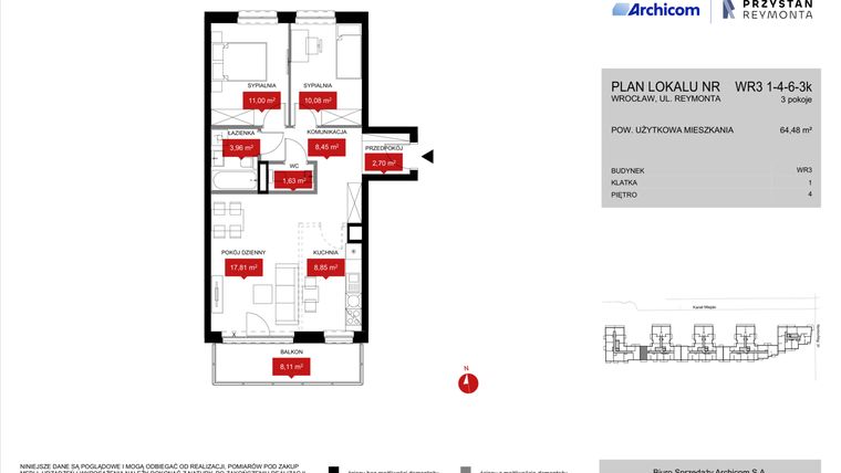 Rzut - Mieszkanie na sprzedaż 3 pokoje o powierzchni 64,48 m² - numer WR3 1/4/6/3k w Przystań Reymonta etap II