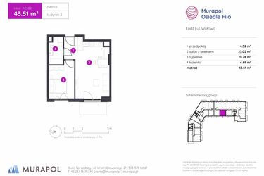 Rzut - Mieszkanie na sprzedaż 2 pokoje o powierzchni 43,51 m² - numer 2.C.1.02 w Murapol Osiedle Filo etap II