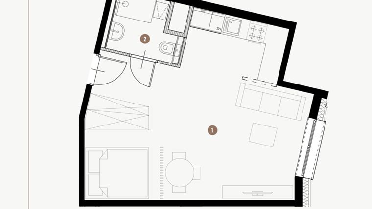 Rzut - Mieszkanie na sprzedaż 1 pokój o powierzchni 37,23 m² - numer II.11.2 w Tuwima Apartments