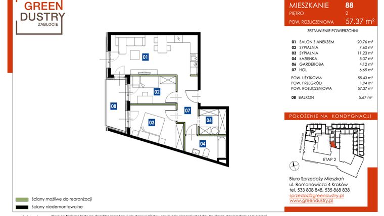 Rzut - Mieszkanie na sprzedaż 3 pokoje o powierzchni 57,37 m² - numer 88 w Greendustry Zabłocie