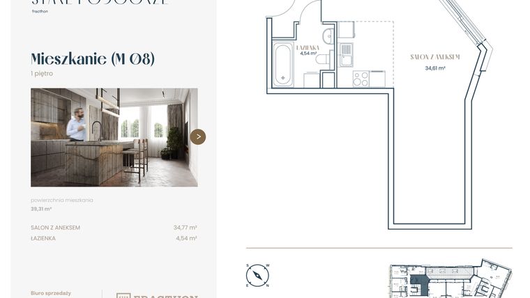 Rzut - Mieszkanie na sprzedaż 1 pokój o powierzchni 39,21 m² - numer M.8 w Stare Podgórze