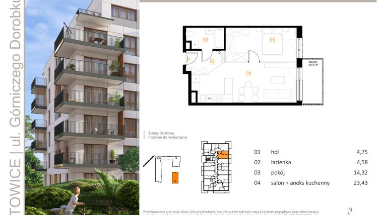 Rzut - Mieszkanie na sprzedaż 2 pokoje o powierzchni 47,08 m² - numer A_13 w Zielony Nikiszowiec