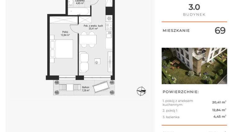 Rzut - Mieszkanie na sprzedaż 2 pokoje o powierzchni 37,7 m² - numer 69 w Bytkowska 3.0