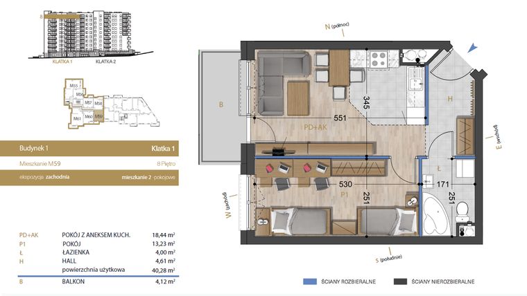 Rzut - Mieszkanie na sprzedaż 2 pokoje o powierzchni 40,28 m² - numer 59 w Osiedle Dakar Karolina