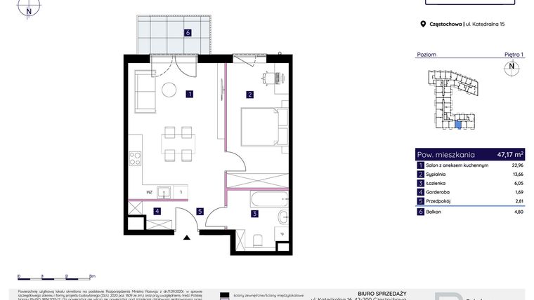 Rzut - Mieszkanie na sprzedaż 2 pokoje o powierzchni 47,17 m² - numer 15/153 w Osiedle Neonowe