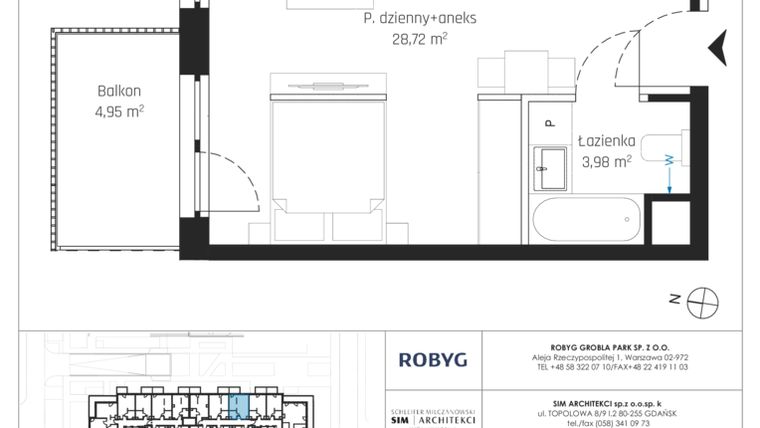 Rzut - Mieszkanie na sprzedaż 1 pokój o powierzchni 33,98 m² - numer J.2M23 w Nadmotławie Apartments etap J