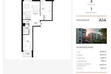 Rzut - Mieszkanie na sprzedaż 3 pokoje o powierzchni 73,82 m² - numer A14 w Na Koszutce