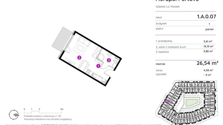 Rzut - Mieszkanie na sprzedaż 1 pokój o powierzchni 26,54 m² - numer 1.A.0.07 w Murapol Portovo etap II
