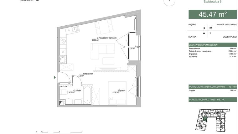 Rzut - Mieszkanie na sprzedaż 1 pokój o powierzchni 45,47 m² - numer A.03.01 w IKONA Światowida 5