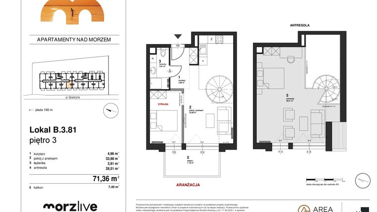 Rzut - Mieszkanie na sprzedaż 2 pokoje o powierzchni 71,36 m² - numer B.3.81 w Morzlive
