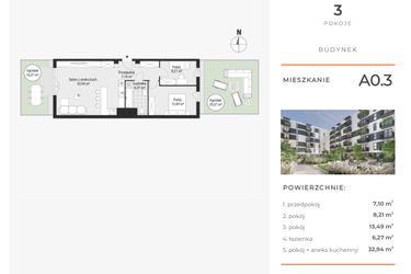 Rzut - Mieszkanie na sprzedaż 3 pokoje o powierzchni 67,97 m² - numer A0.3 w Enklawa Bukowa
