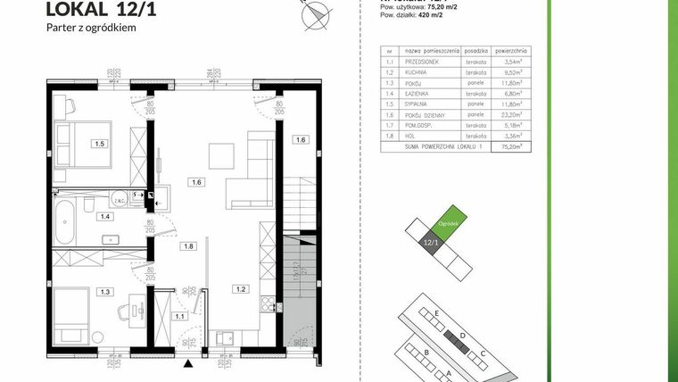 Rzut - Mieszkanie na sprzedaż 3 pokoje o powierzchni 75,2 m² - numer 12/1 w Szczęśliwa Polana