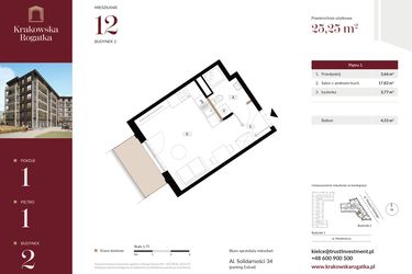 Rzut - Mieszkanie na sprzedaż 1 pokój o powierzchni 25,25 m² - numer 2.M12 w Krakowska Rogatka