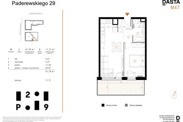 Rzut - Mieszkanie na sprzedaż 2 pokoje o powierzchni 41,79 m² - numer B47 w Paderewskiego 29