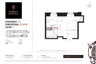 Rzut - Mieszkanie na sprzedaż 1 pokój o powierzchni 25,66 m² - numer 14 w Kamienica Siemensa