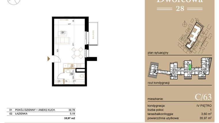 Rzut - Mieszkanie na sprzedaż 1 pokój o powierzchni 36,23 m² - numer C63 w Dworcowa 28