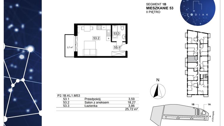 Rzut - Mieszkanie na sprzedaż 1 pokój o powierzchni 25,72 m² - numer 39/53 w Zodiak