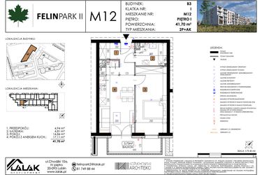 Rzut - Mieszkanie na sprzedaż 2 pokoje o powierzchni 41,7 m² - numer M12 w Felin Park II etap 2