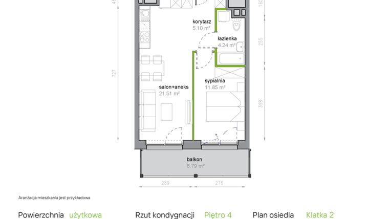 Rzut - Mieszkanie na sprzedaż 2 pokoje o powierzchni 42,7 m² - numer K2/4/18 w Piękna Vita
