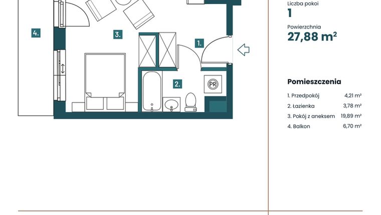 Rzut - Mieszkanie na sprzedaż 1 pokój o powierzchni 28,2 m² - numer M106 w Sea Breeze