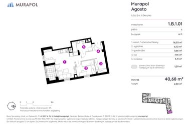 Rzut - Mieszkanie na sprzedaż 2 pokoje o powierzchni 40,65 m² - numer 1.B.1.01 w Murapol Agosto