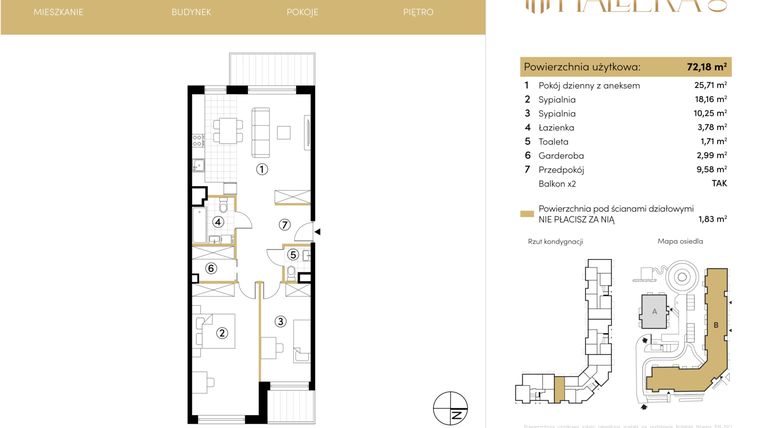 Rzut - Mieszkanie na sprzedaż 3 pokoje o powierzchni 72,18 m² - numer B.04.17 w Hallera 140