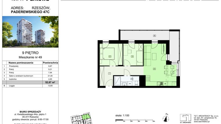 Rzut - Mieszkanie na sprzedaż 3 pokoje o powierzchni 52,67 m² - numer 49/B8 w Dzielnica Parkowa VIII