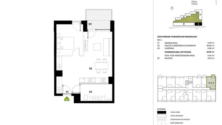 Rzut - Mieszkanie na sprzedaż 1 pokój o powierzchni 49,3 m² - numer A.4.3 w Kozielska Park