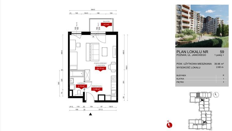Rzut - Mieszkanie na sprzedaż 1 pokój o powierzchni 39,98 m² - numer K.59 w Wieża Jeżyce etap V